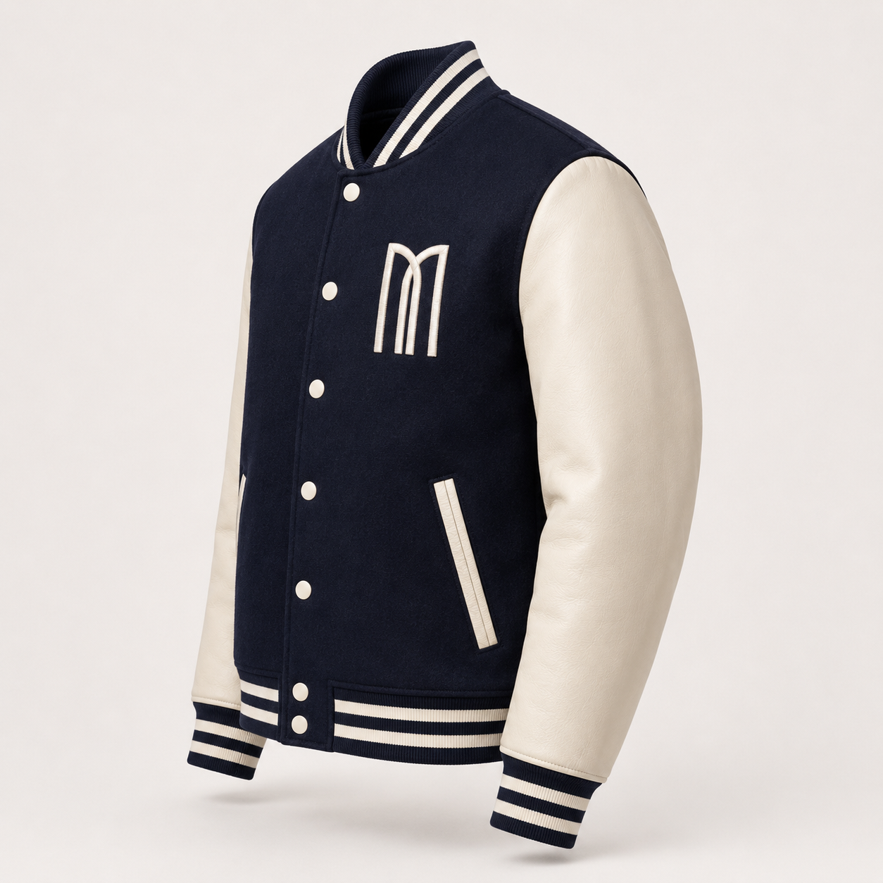 Mohrazi Men's Premium Navy Varsity Jacket Wool Body Cream Leather Sleeves