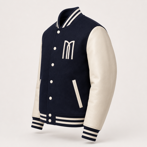 Mohrazi Men's Premium Navy Varsity Jacket Wool Body Cream Leather Sleeves