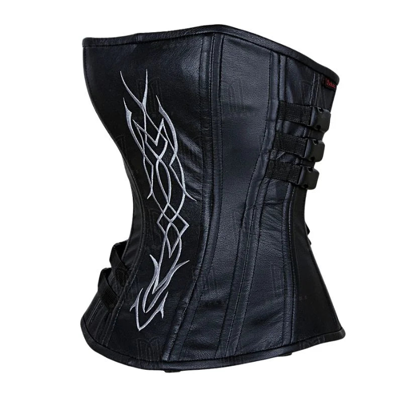 Elegantly Crafted Leather Overbust Corset with Intricate Underworld Embroidery - White &amp; Black image
