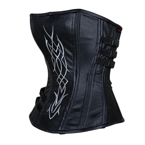 Elegantly Crafted Leather Overbust Corset with Intricate Underworld Embroidery - White &amp; Black image