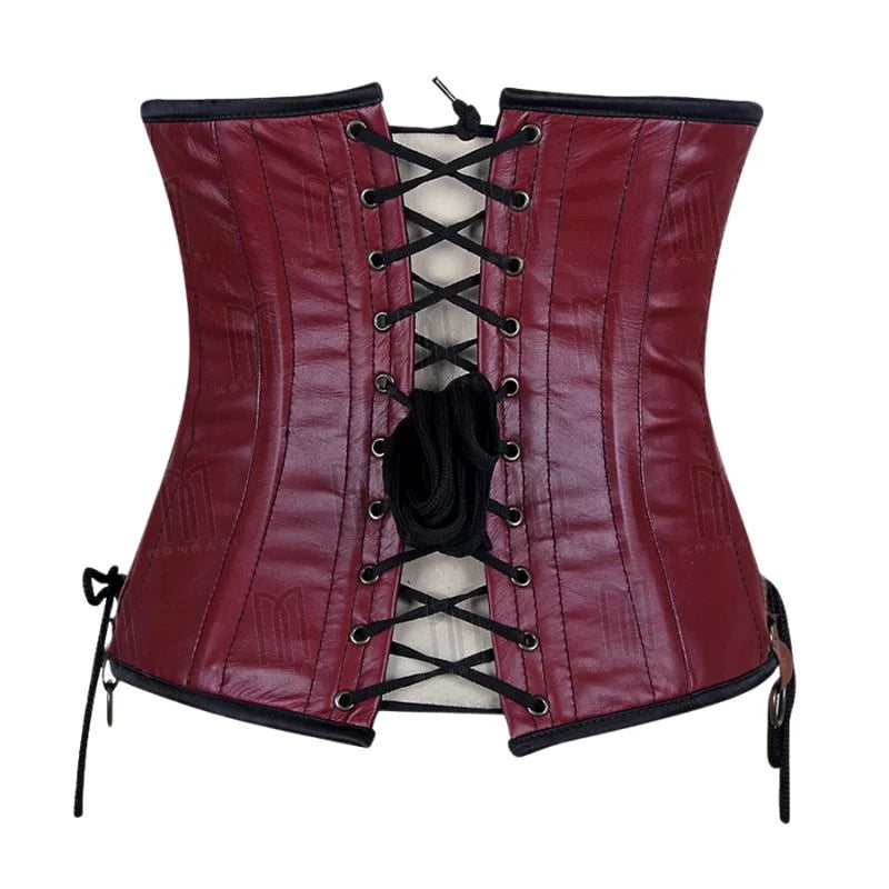 Leather Corset with Side Lace Panels and Adjustable Buckles for Waist Shaping