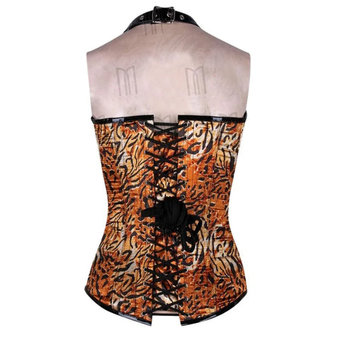 Fashionable Halter Neck Corset with Animal Print and Patent Details