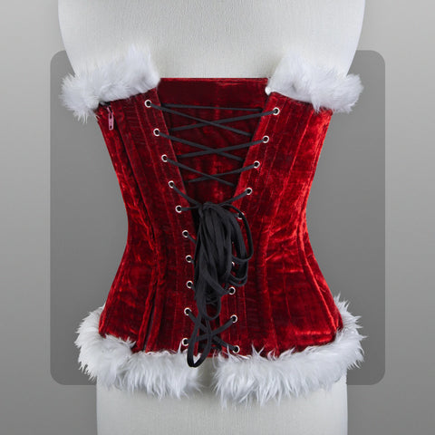 Red Christmas corset top sexy lingerie with white feather trimming heart cutout Overbust renaissance bustier Santa Claus costume for women image 3
