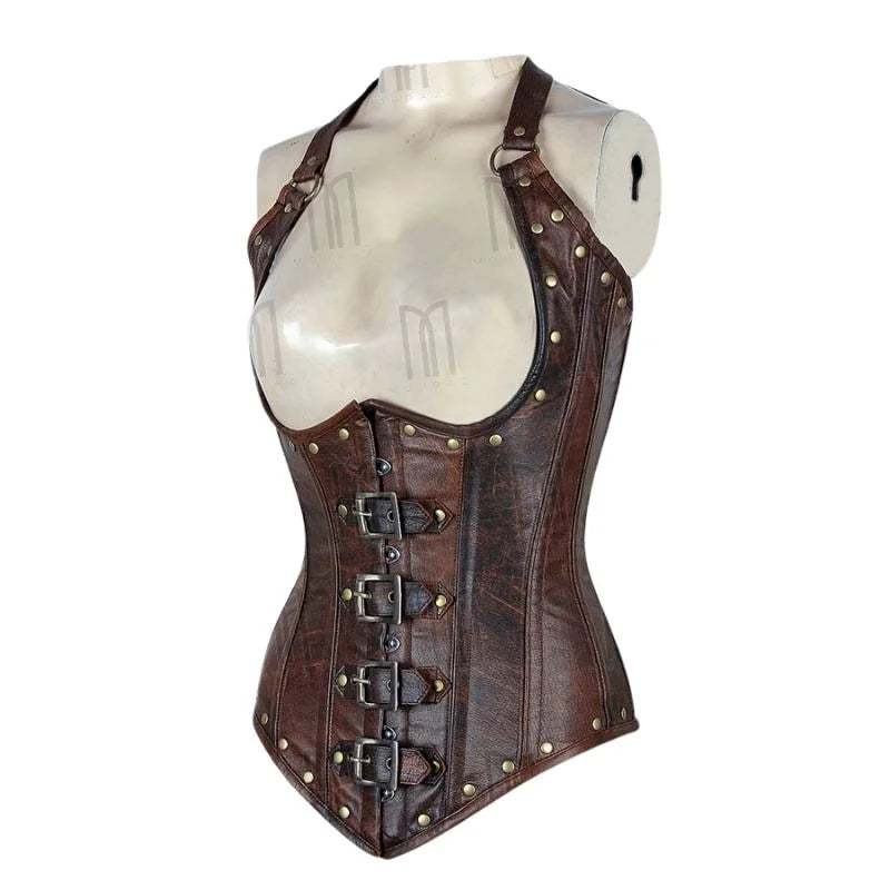 3 Layer Under bust Halter Neck Corset in Genuine Leather with Buckle Straps image 2