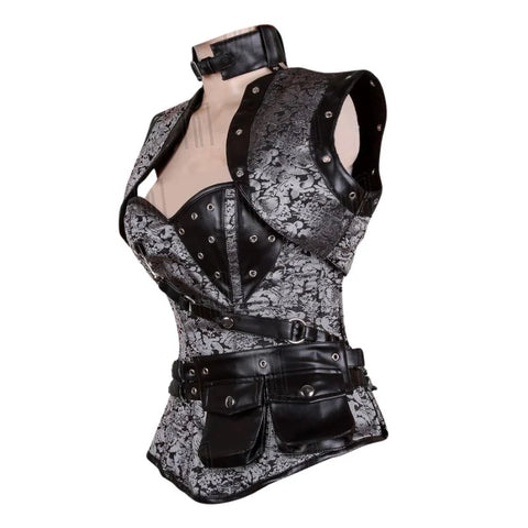 Steampunk Black Brocade and Faux Leather Overbust Corset with Neck Strap and Bolero image 3