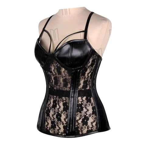 Elegant Overbust Underwire Faux Leather Corset with Sheer Lace and Adjustable Shoulder Straps image 1